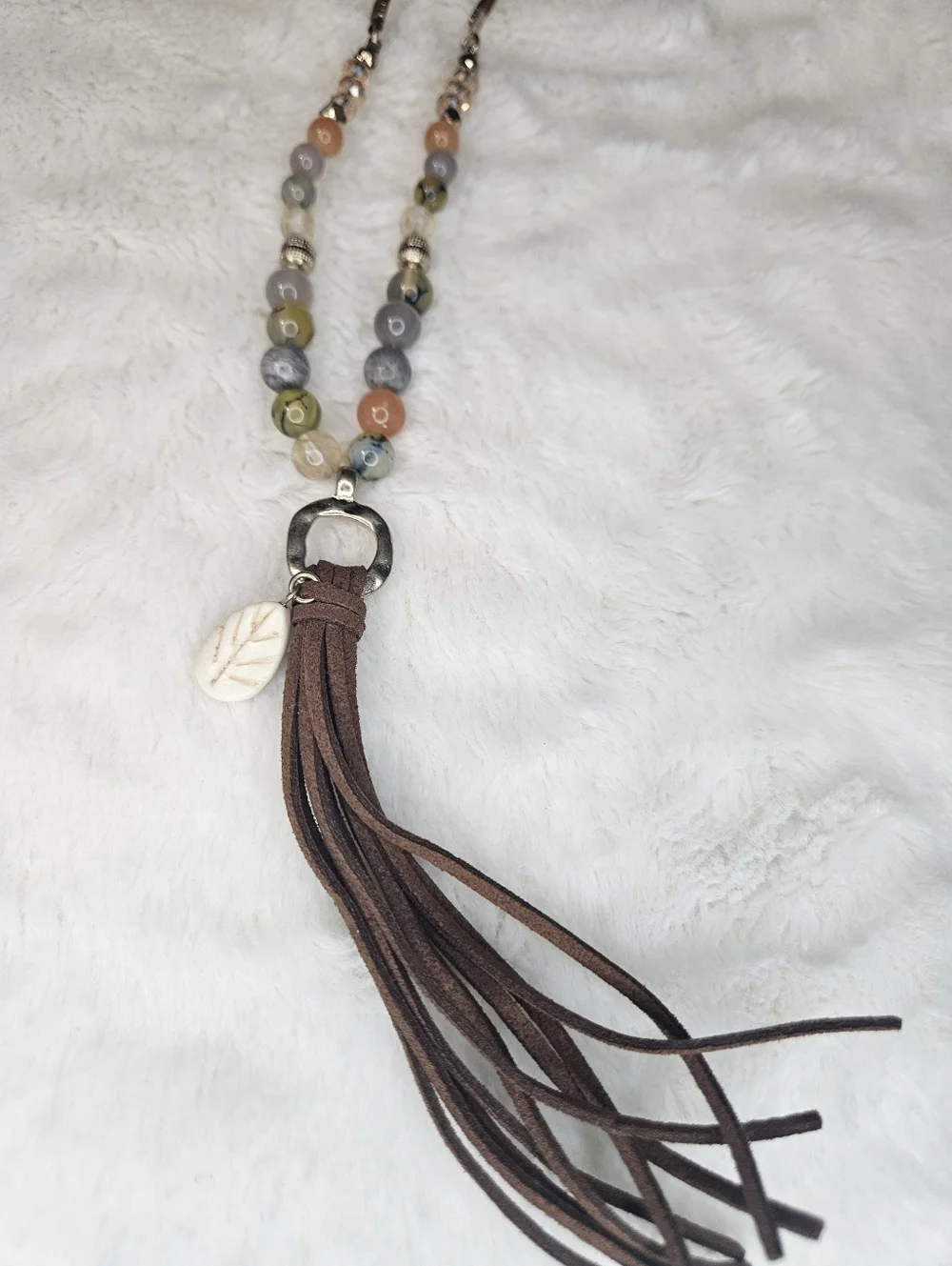 Brown Suede Tassel Necklace with Multicolor Beads - Picture 2 of 3